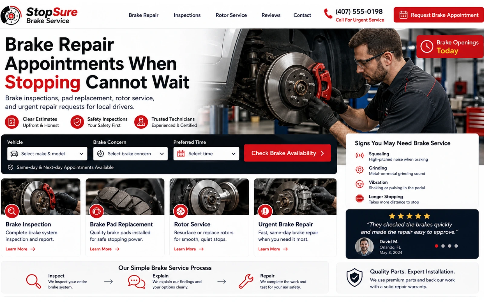 Brake repair website concept for automotive service leads and appointment requests
