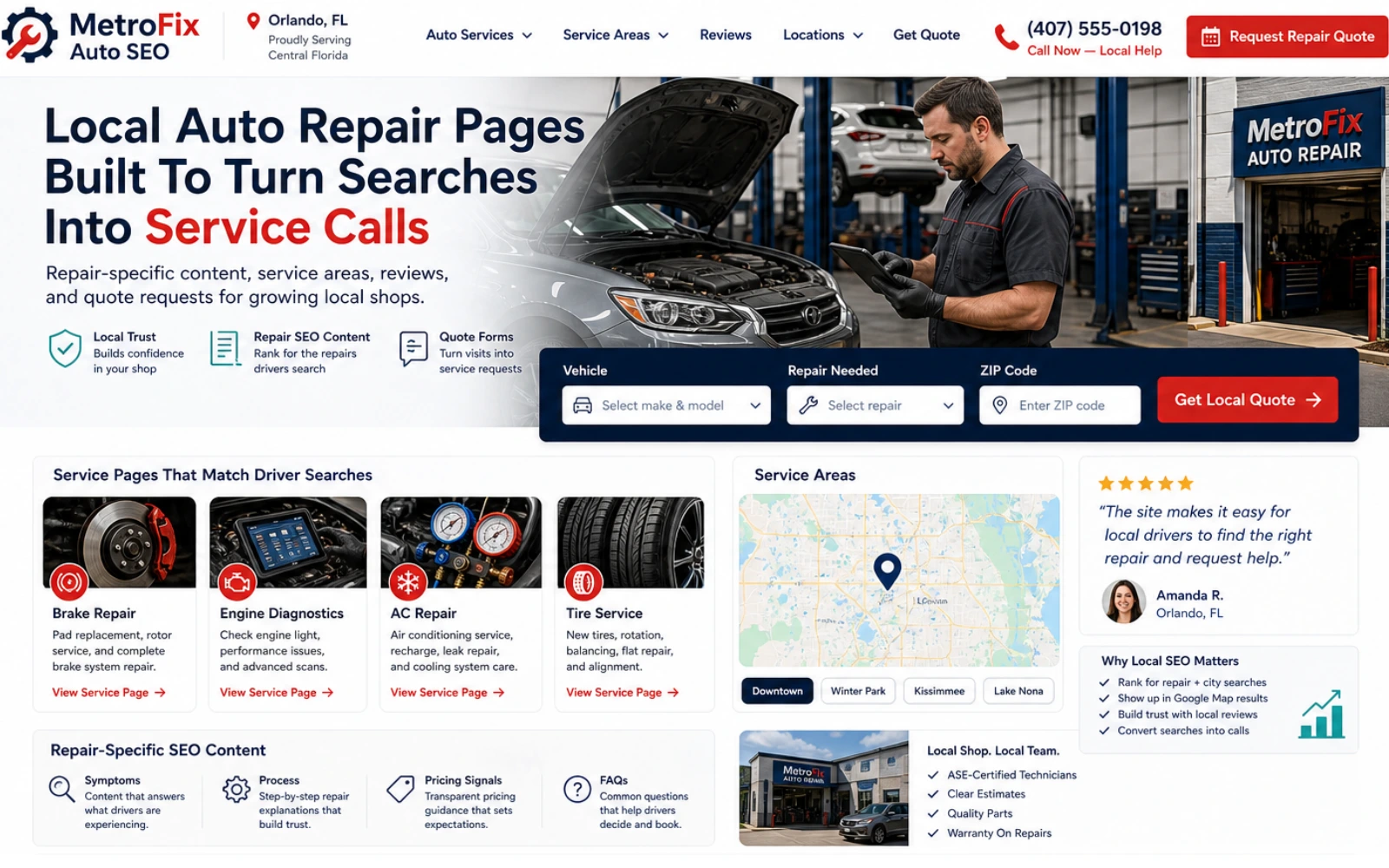 Local auto repair website concept with service area pages reviews and lead capture