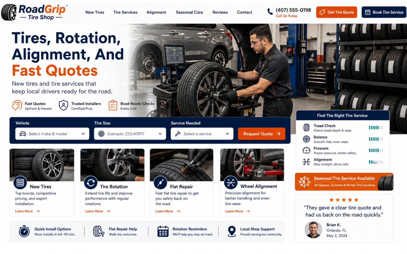 Tire shop website concept with tire services wheel alignment and local SEO structure
