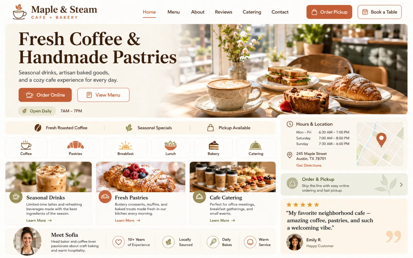 Cafe website concept for coffee shops with menu sections hours location and order CTA