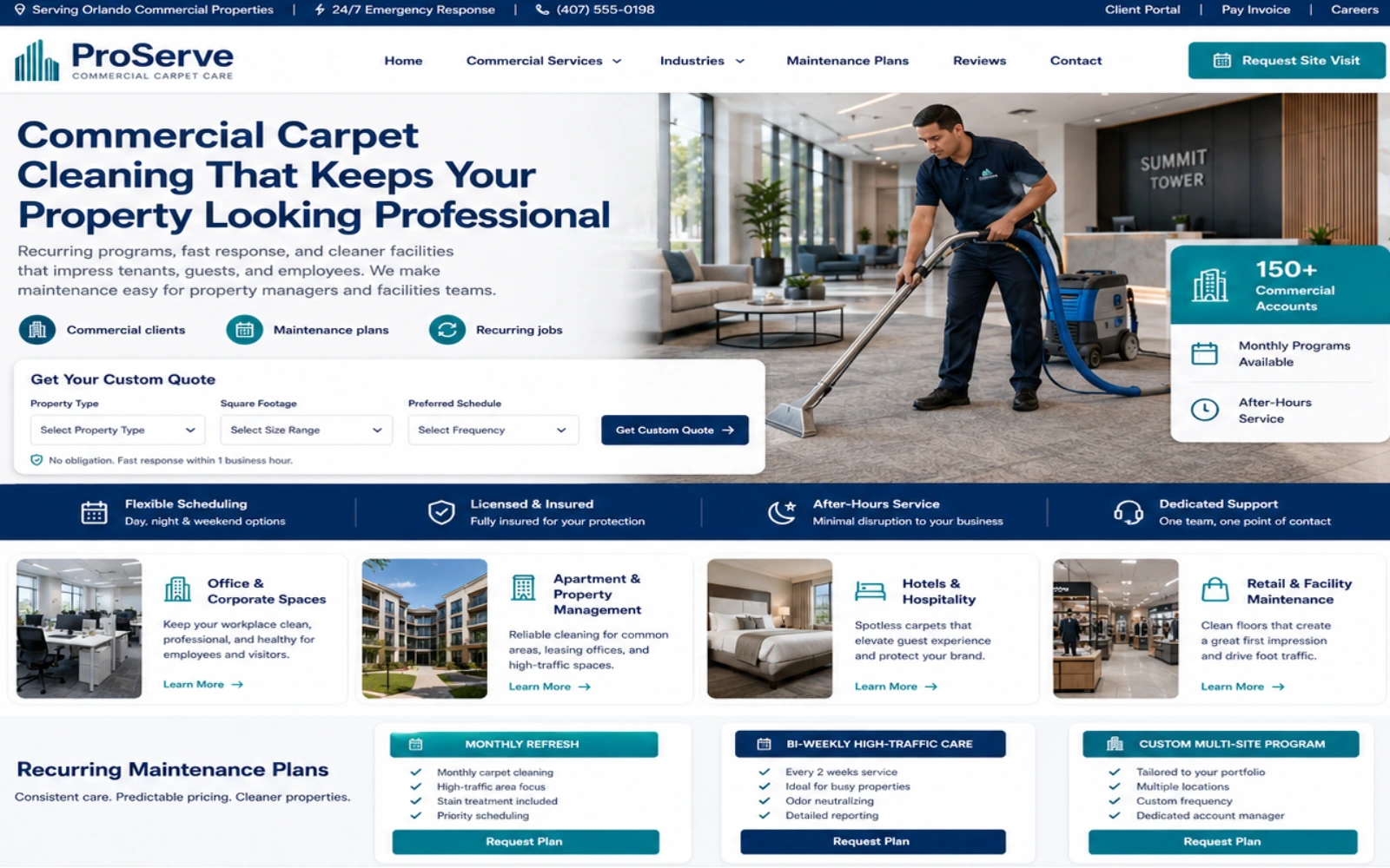 Commercial carpet cleaning website concept with recurring maintenance plans and commercial service pages