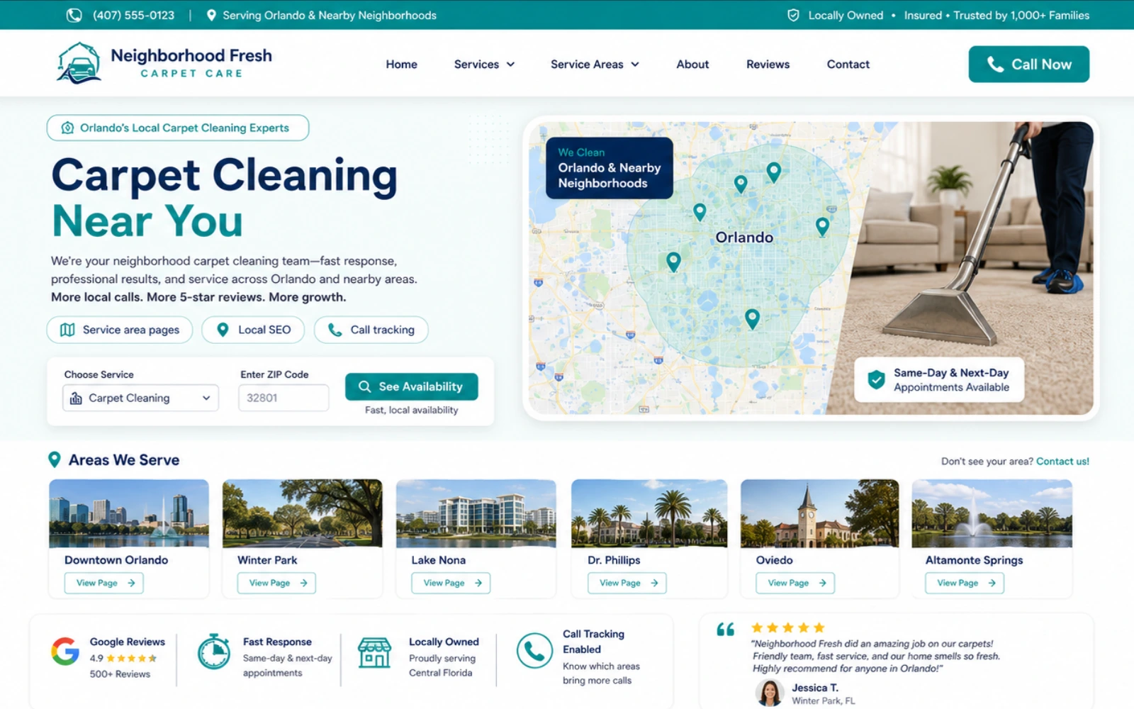 Local carpet cleaning SEO website concept with service area pages and neighborhood targeting
