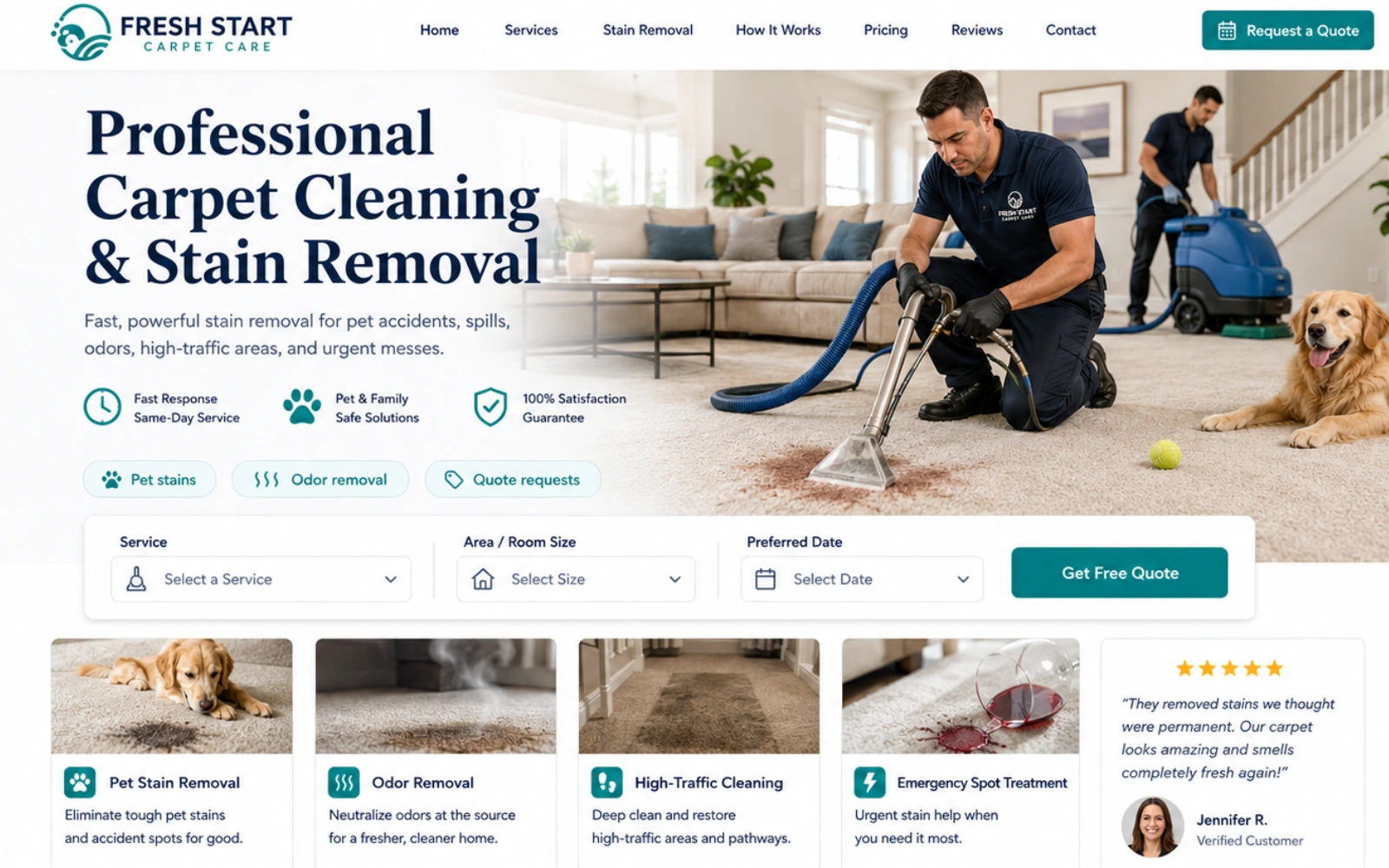 Carpet stain removal website concept with urgent service CTA and quote request form