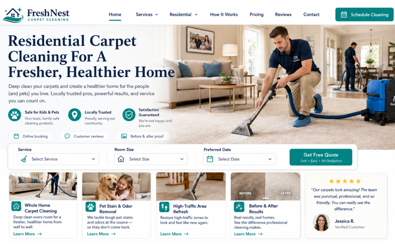 Residential carpet cleaning website concept with service pages reviews and booking CTA