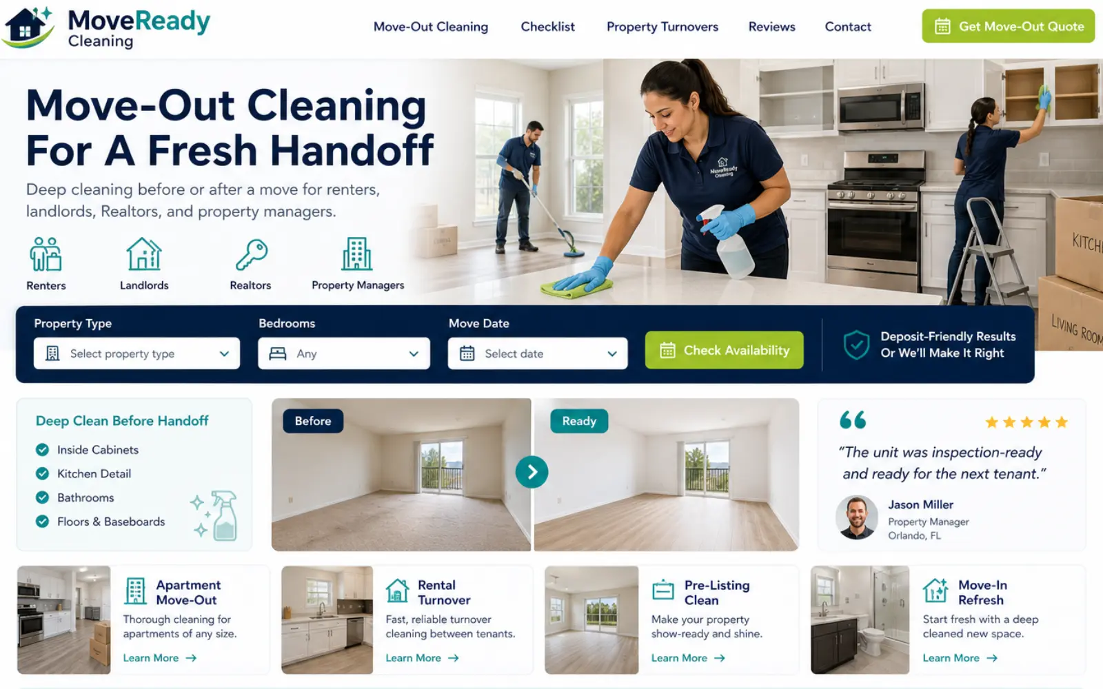 Move out cleaning website concept for renters landlords and property managers