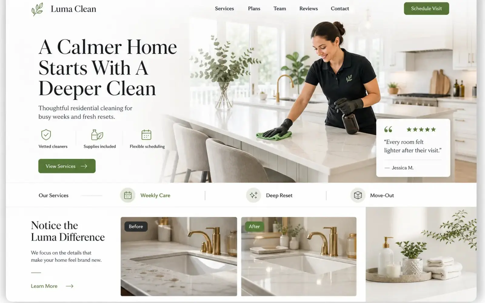 Residential cleaning website concept with service highlights and booking CTA