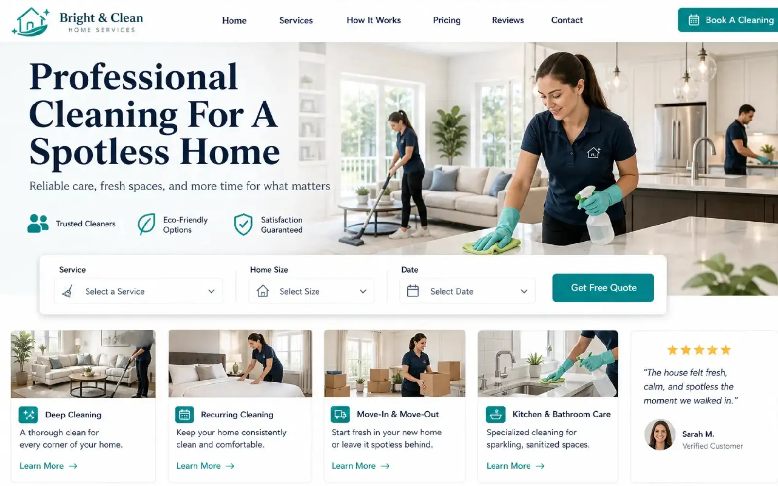 Local cleaning company website concept with service areas reviews and lead capture