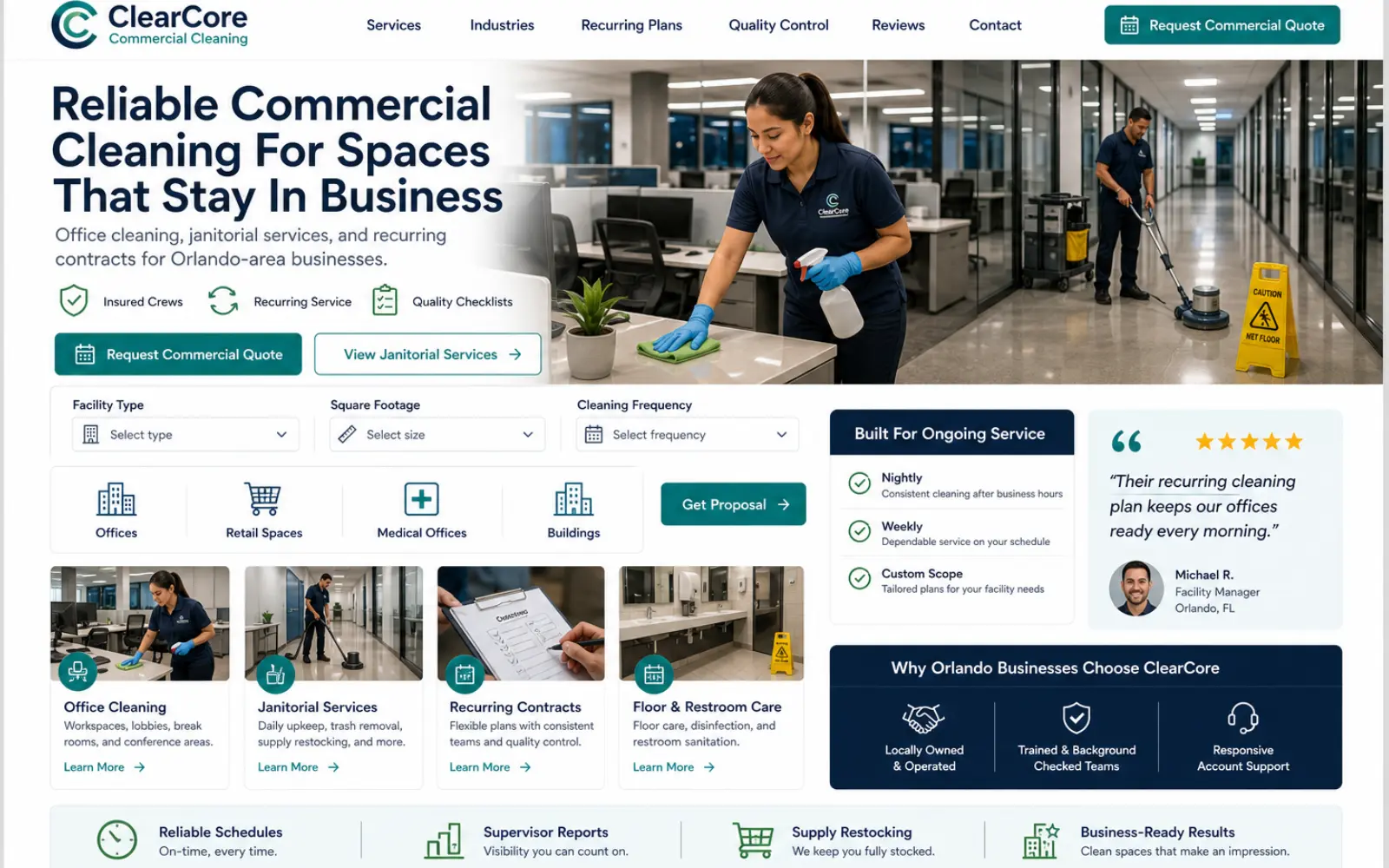Commercial cleaning website concept for offices businesses and janitorial leads