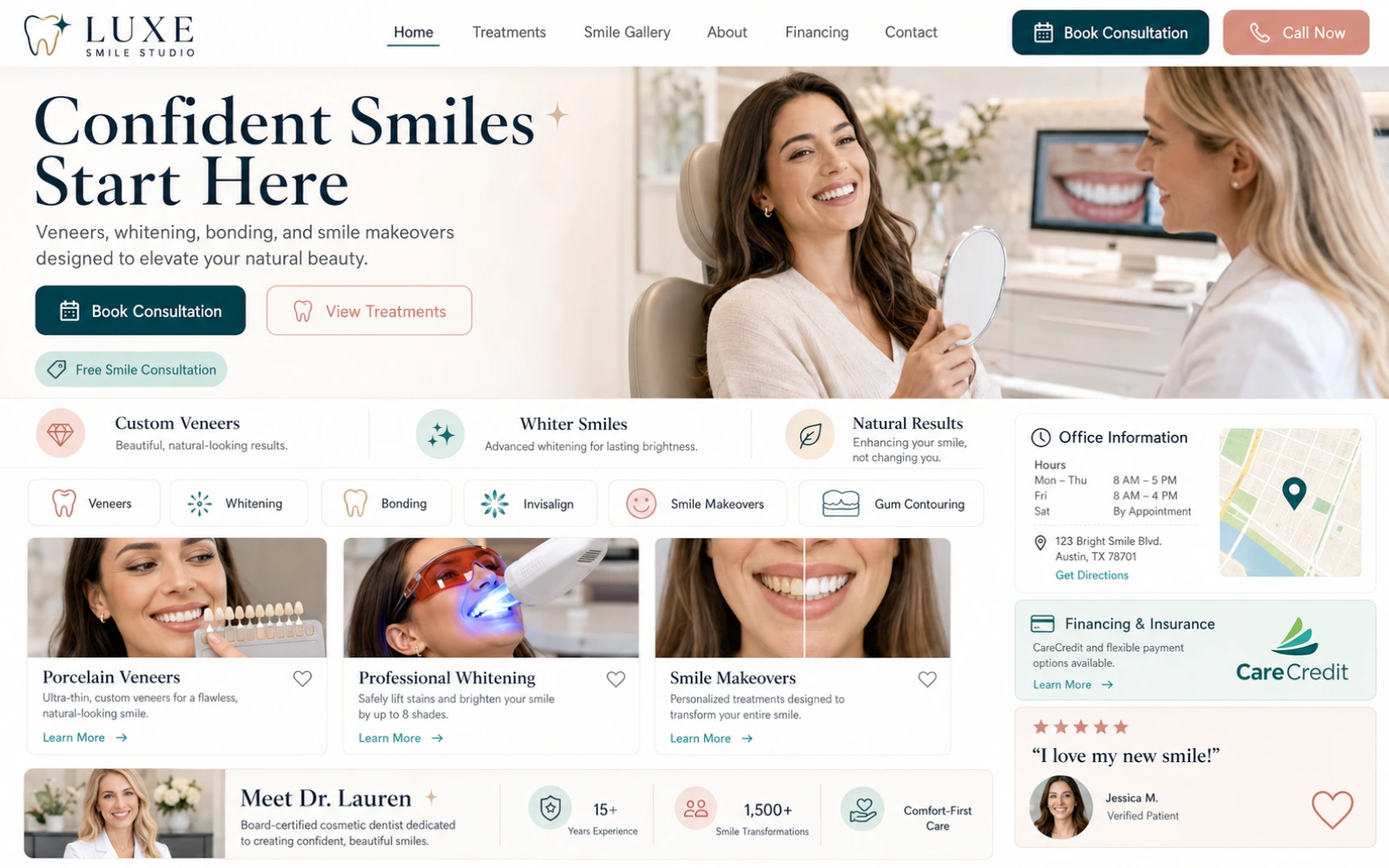 Cosmetic dentistry website concept for veneers whitening smile makeovers and patient inquiries