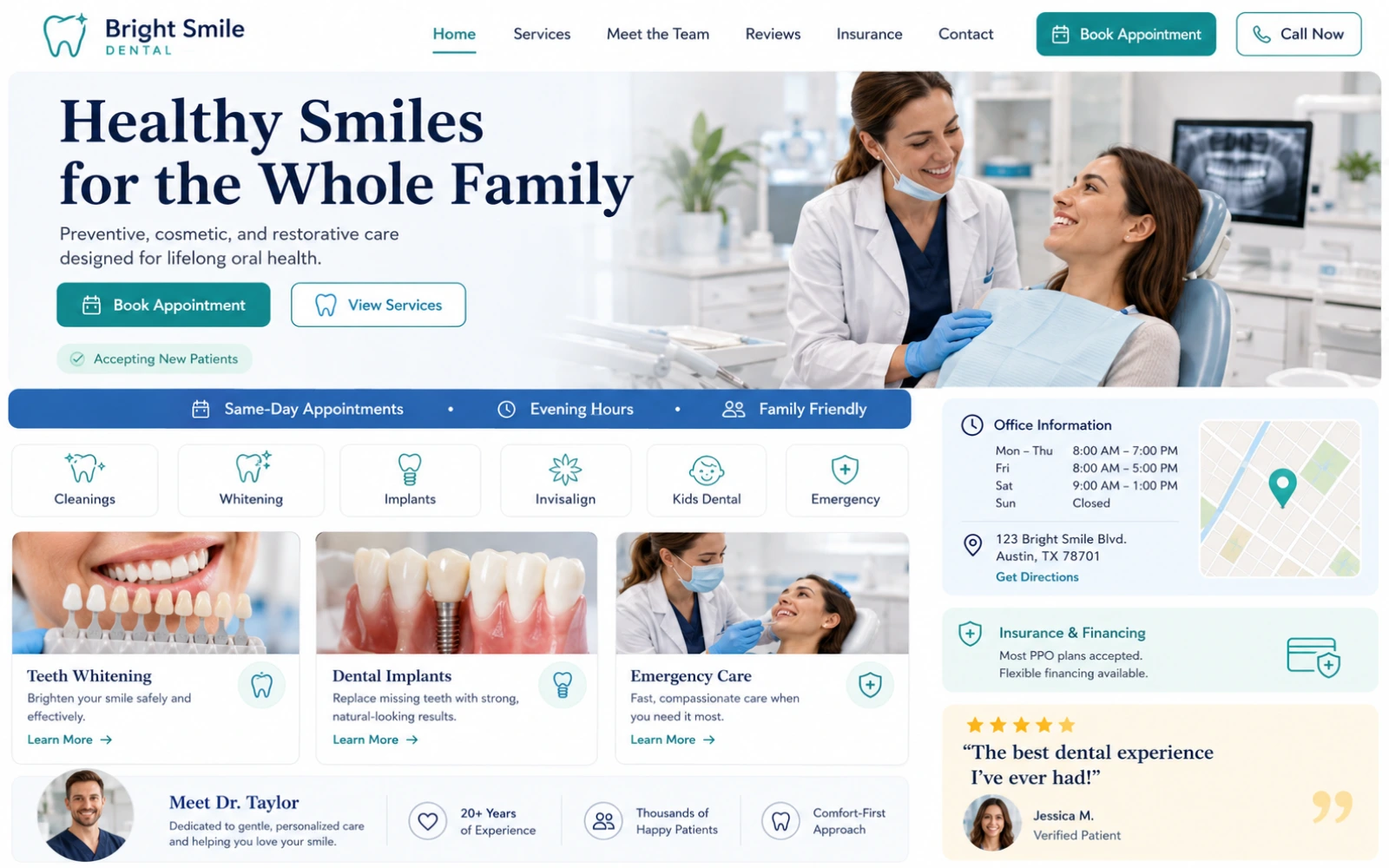 Dental practice website concept with treatment highlights and appointment booking CTA