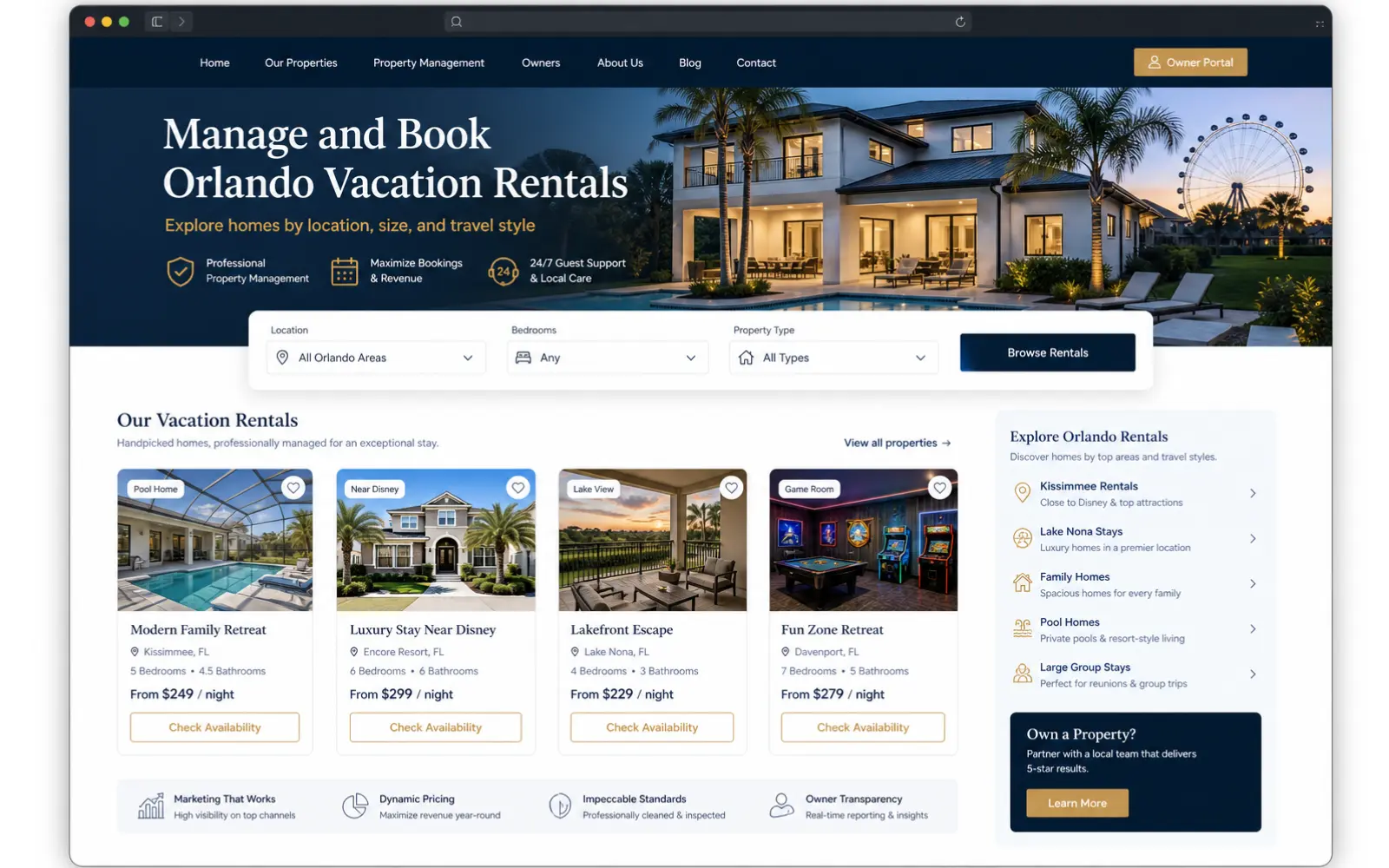 Property manager website concept for multiple vacation rental listings