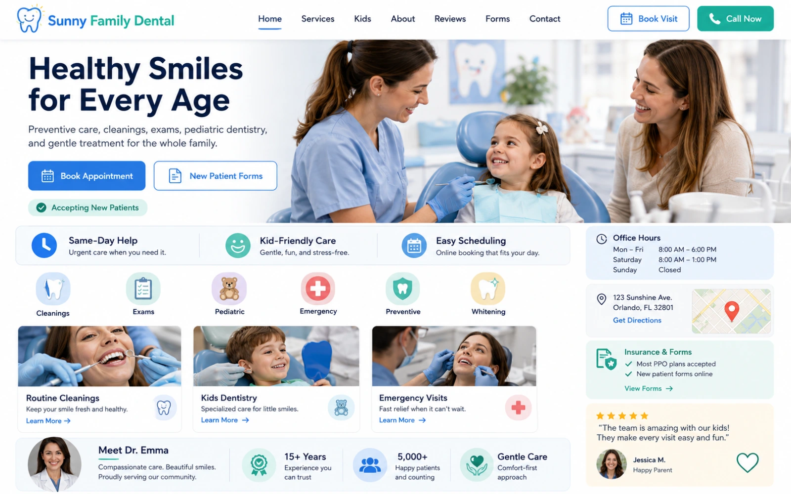Family dentist website concept with preventive care pediatric dentistry and local SEO structure