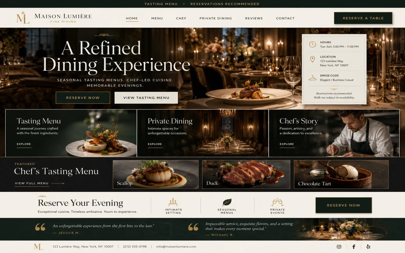 Fine dining restaurant website concept with elegant food photography reservations and chef story