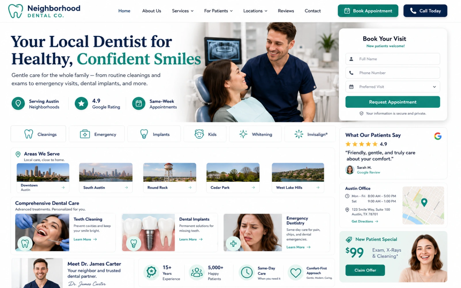 Local dental SEO website concept with service area pages reviews and patient lead capture