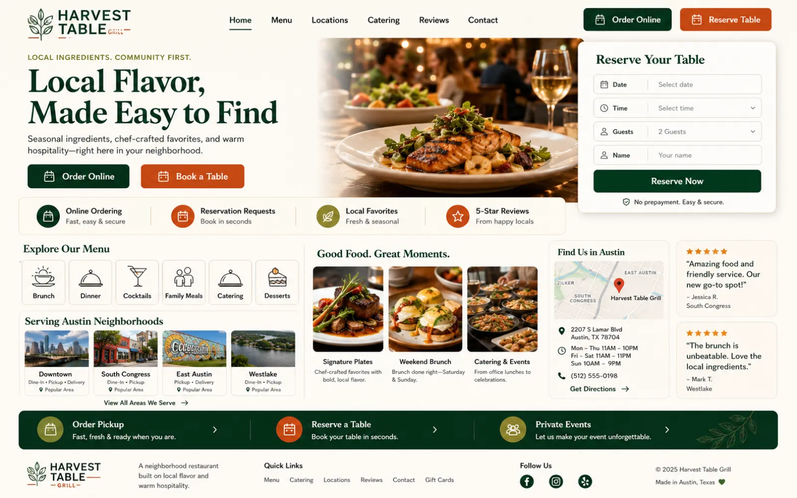 Local restaurant website concept with local SEO structure online menu reviews and reservation lead capture