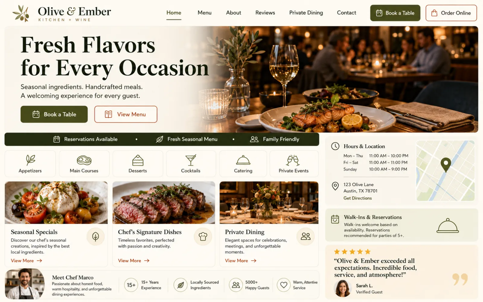 Restaurant website concept with menu highlights reservation CTA and local dining information