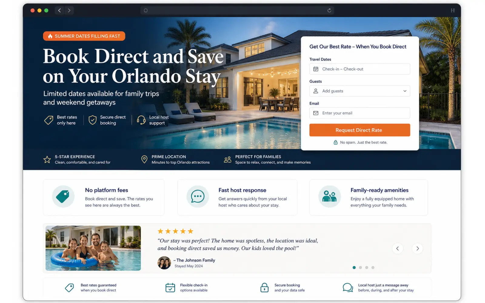 Direct booking landing page concept for vacation rental campaigns