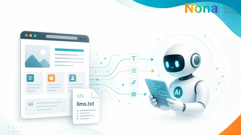 AI agent reading structured website content through an llms.txt file