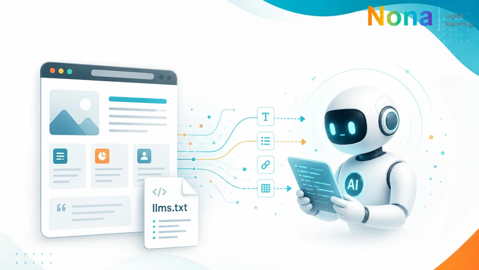 AI agent reading structured website content through an llms.txt file