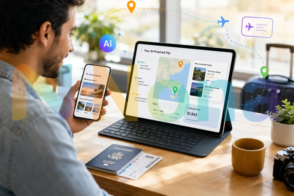 Traveler using AI search to plan flights, hotels, restaurants, and a travel itinerary.