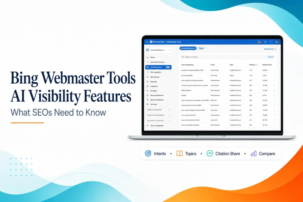 Bing Webmaster Tools AI Visibility report displayed on a laptop screen with Intents Topics Citation Share and Compare