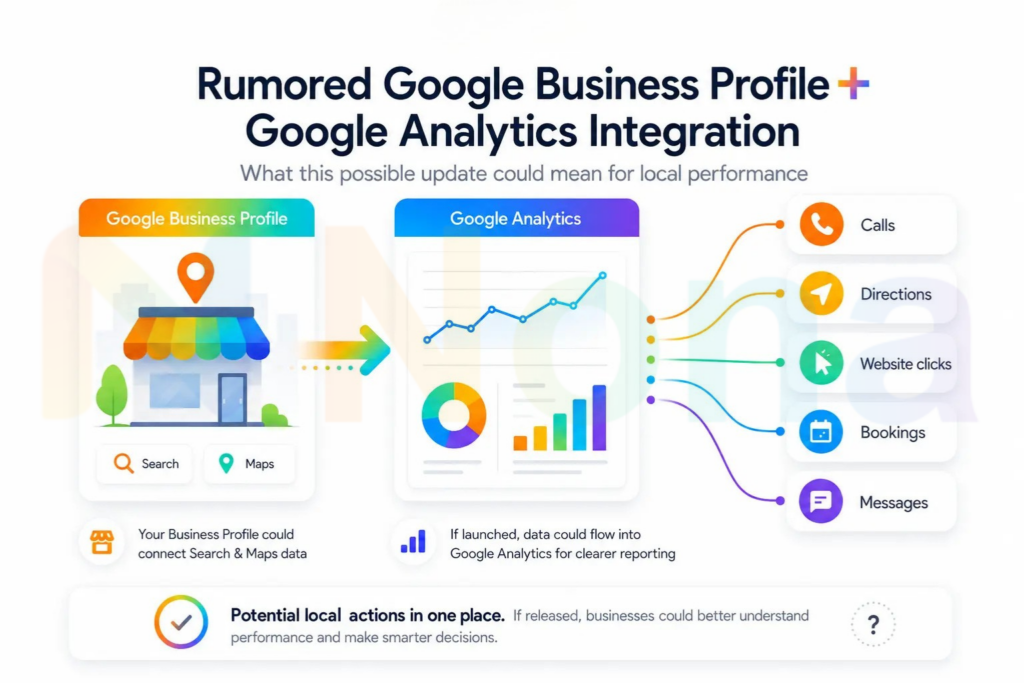 Rumored Google Business Profile and Google Analytics integration showing potential local actions like calls, directions, website clicks, bookings, and messages.
