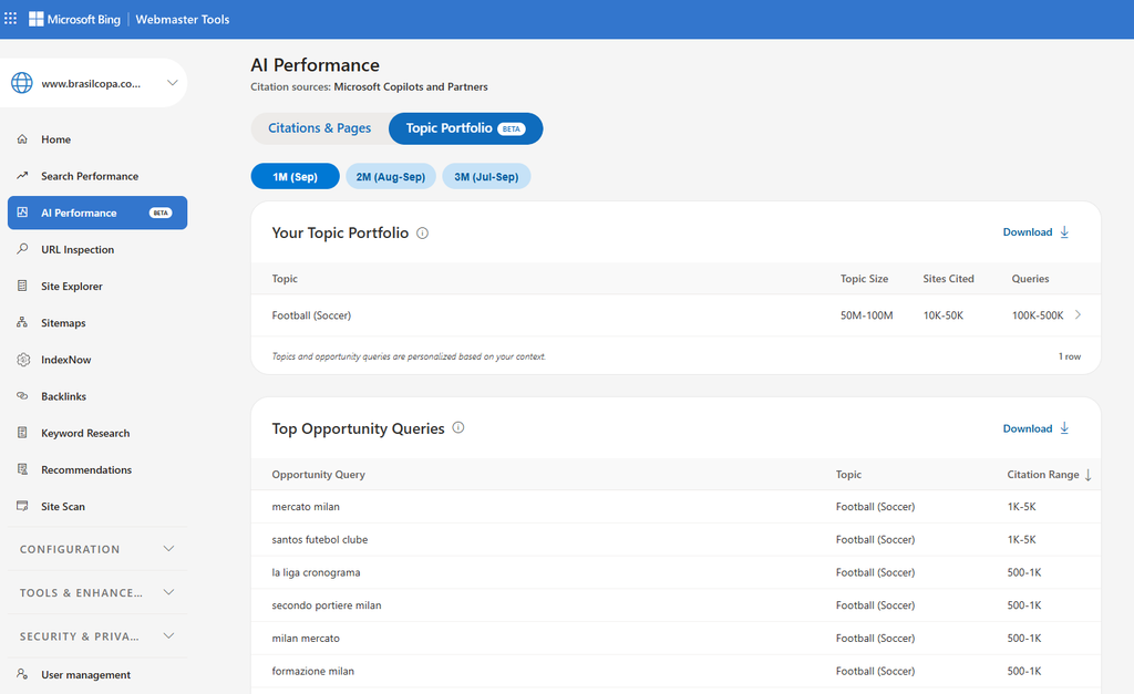 Example of the new Topic Portfolio feature in Bing Webmaster Tools, showing topic-level AI search visibility, citation data, and opportunity queries.